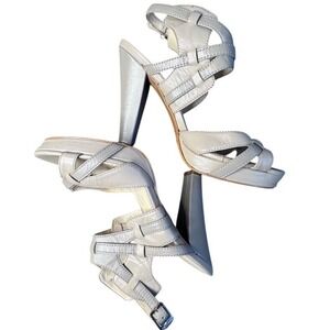 Calvin Klein Womens Taupe Leather Cage Platform Sandals High Cone Heel Gray